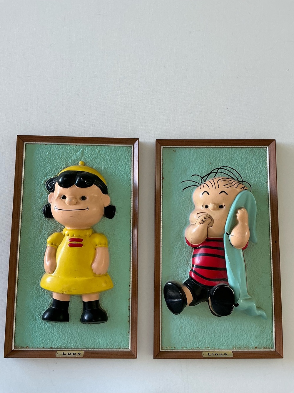 Vintage 1965 Peanuts Lucy & Linus 3D Wall Plaques Set Mid Century Decor